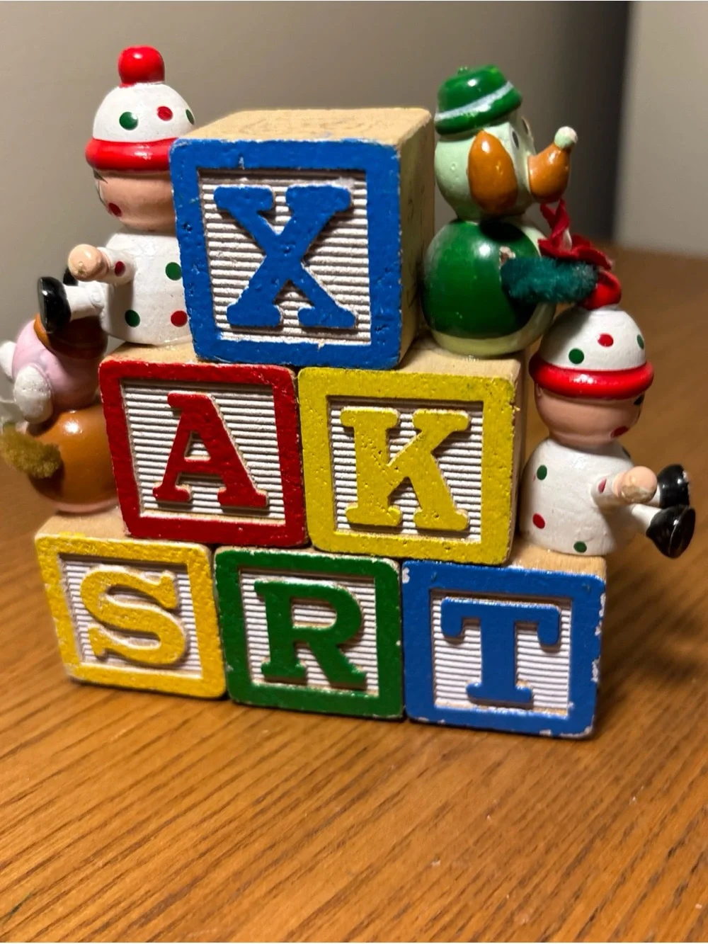 Wooden Alphabet Blocks Set with Festive Figures - Red, Green, Yellow, bookends